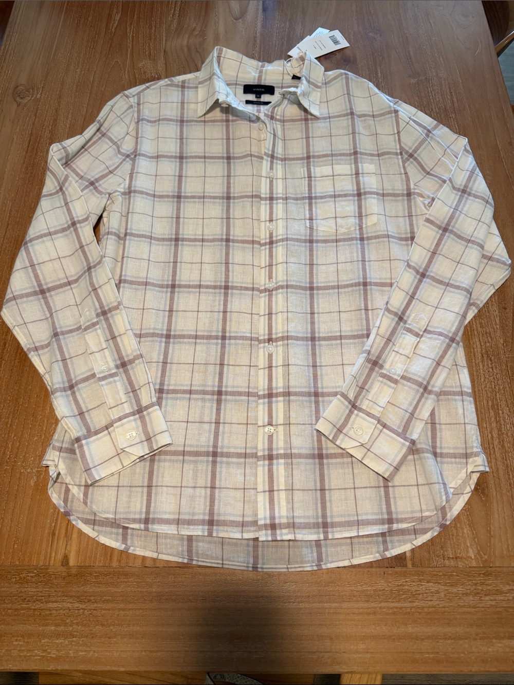Vince Men's Plaid Linen Classic Fit Button Down Shirt - Cream w/ Mauve and Blue